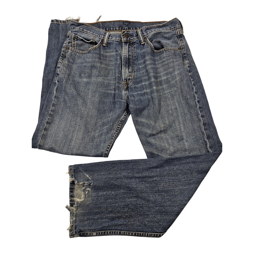 Levis 505 Regular Fit Mens Blue Denim Jeans 33x30 Med Wash Distressed 505-0216